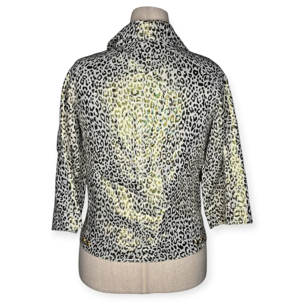 Vintage Just B Leopard Print Linen Jacket Gold Trim M 90s Y2K